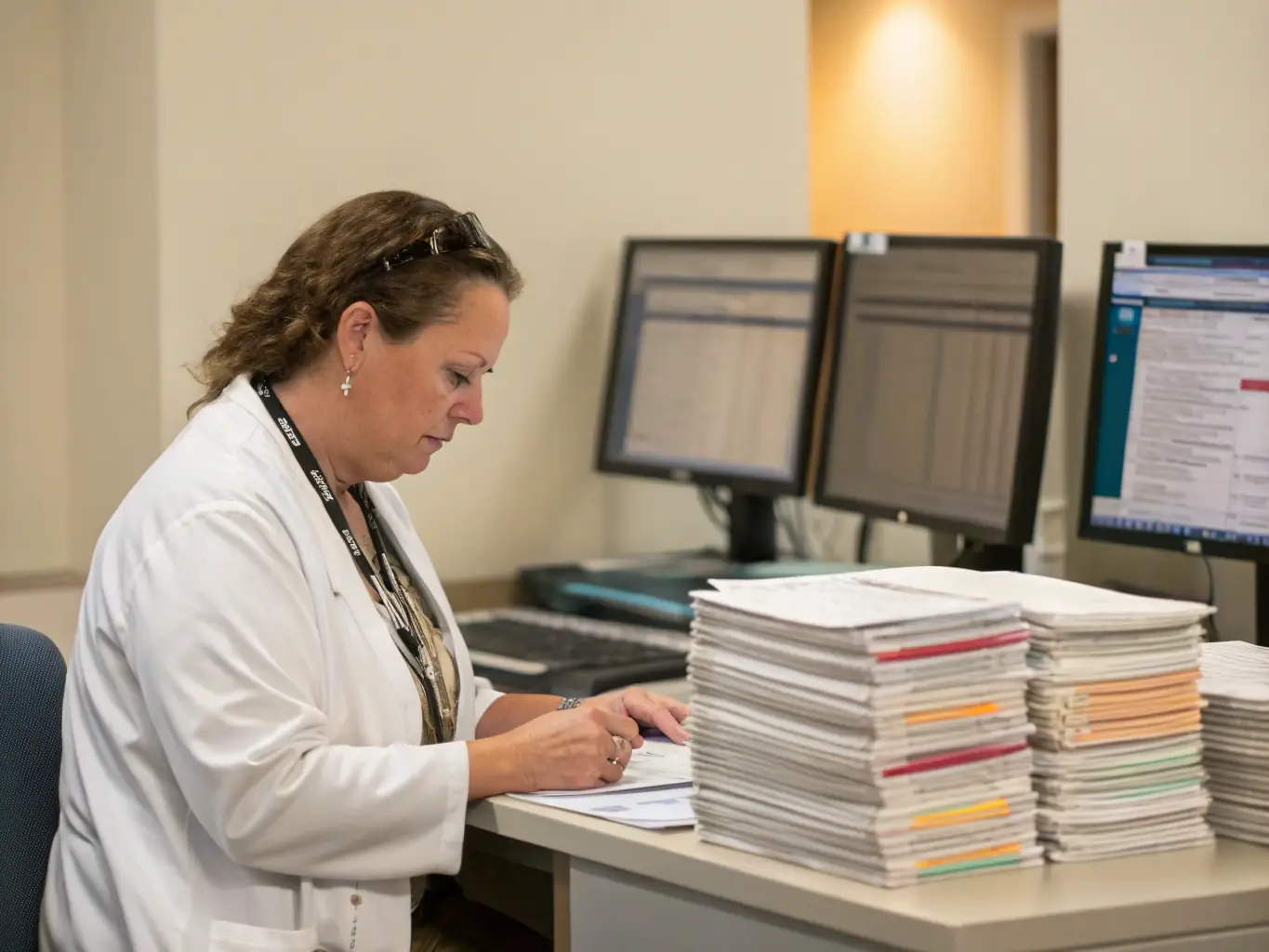 An image of a healthcare administrator reviewing credential documents and referral forms, symbolizing Medivention's provider credentialing and referral management.