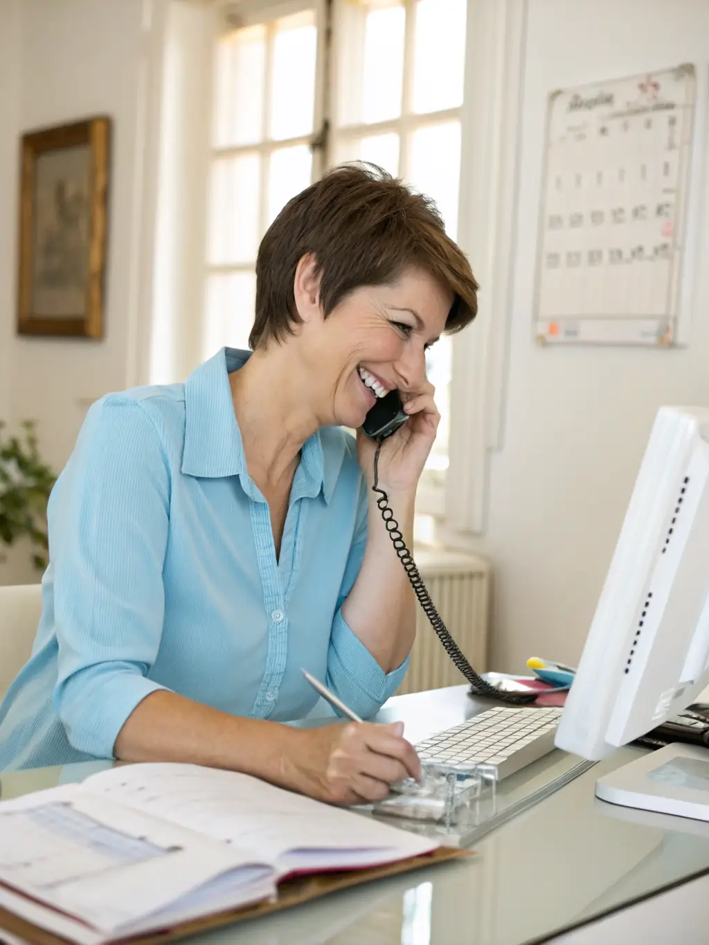 A friendly healthcare coordinator on the phone, assisting a client with scheduling an appointment. The scene is bright and professional, conveying trust and efficiency.
