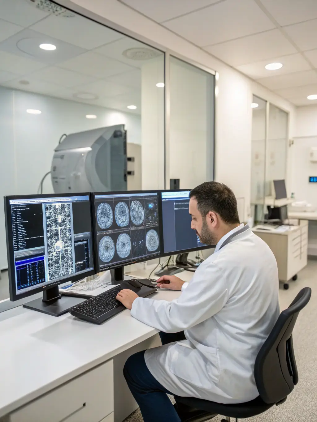 An image of a radiologist reviewing detailed diagnostic scans in a brightly lit, high-tech medical facility.