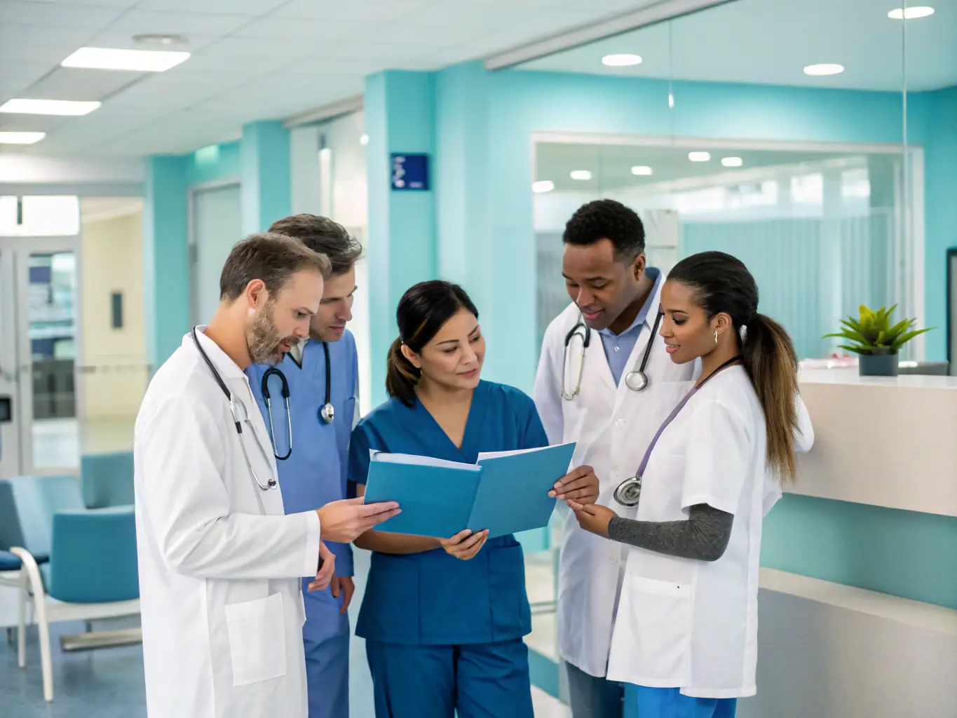 An image depicting a diverse group of healthcare professionals collaborating in a clinical setting, illustrating Medivention's specialist network access.