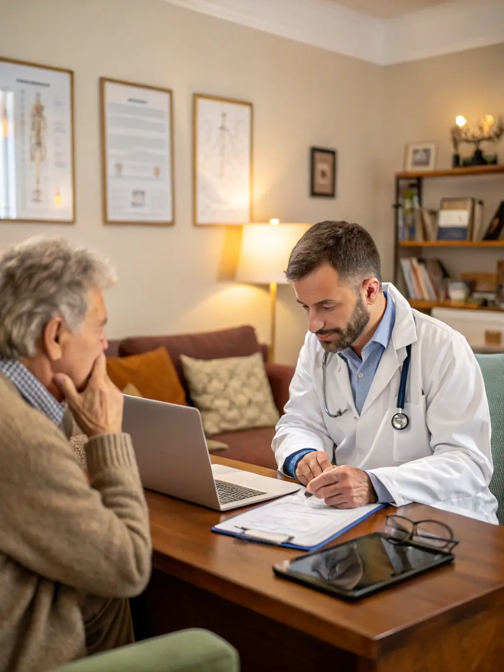 A doctor and a patient discussing a treatment plan, with a healthcare coordinator present to facilitate communication and documentation.