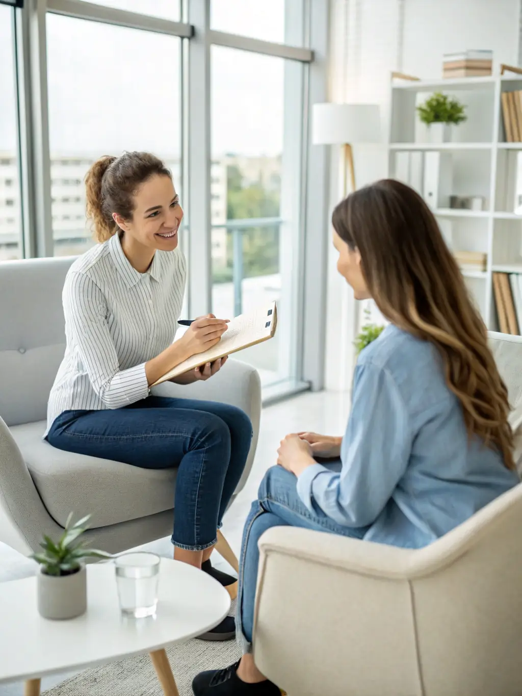 A compassionate psychologist in a calming office setting, engaging in a therapy session with a client.