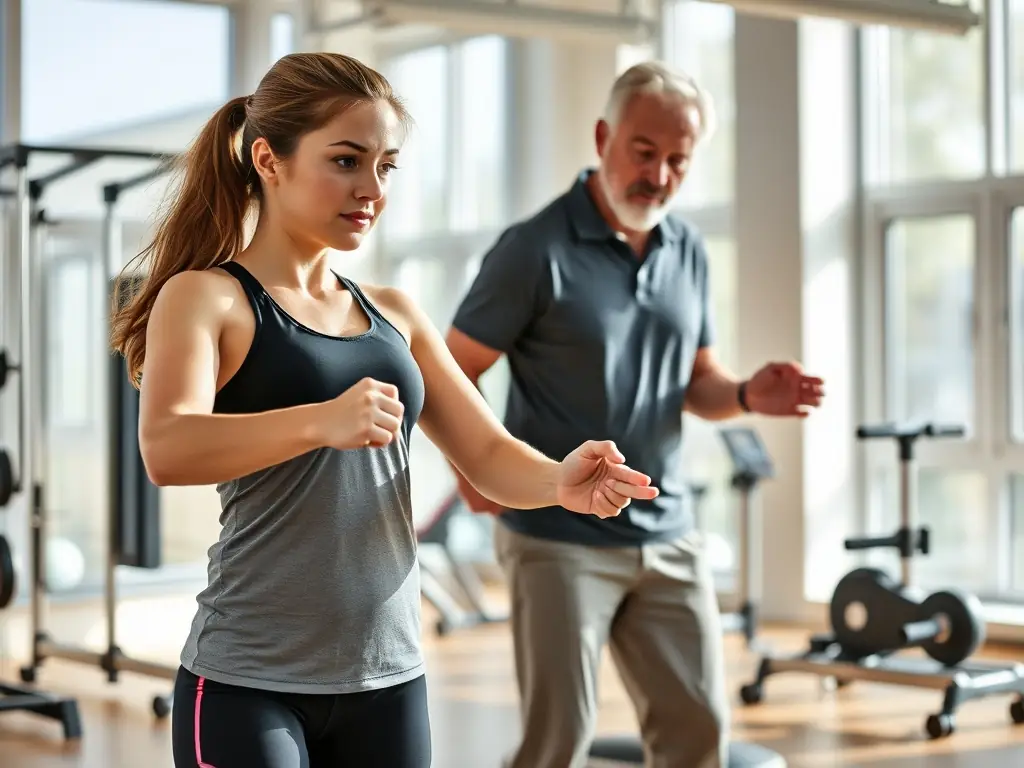 A person undergoing physical therapy as part of their rehabilitation, with a therapist assisting them in a modern clinic setting. The image should convey a sense of progress and recovery.