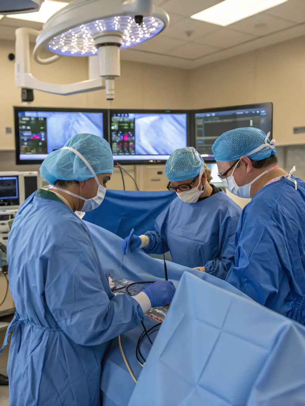A surgical team performing a minimally invasive surgery in a state-of-the-art operating room, emphasizing precision and care.