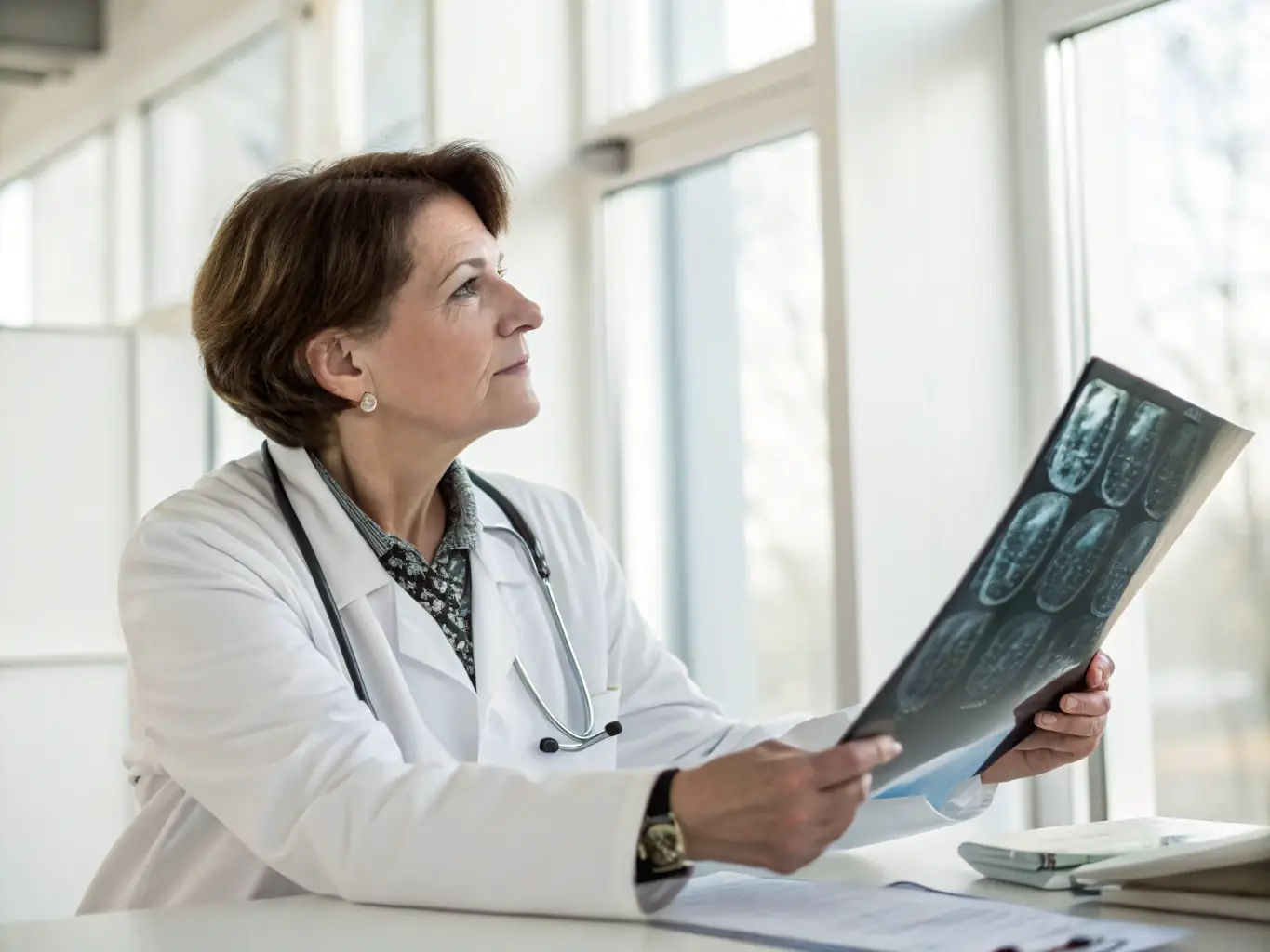 A medical professional reviewing diagnostic images, such as X-rays or MRIs, in a brightly lit office. The image should convey accuracy and attention to detail.