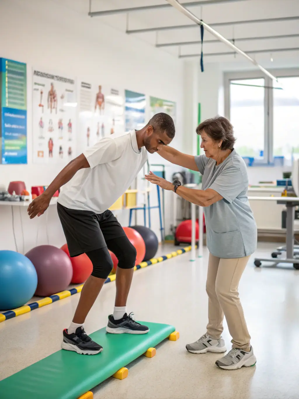 A person in a physical therapy session, working with a therapist on mobility exercises, set in a modern rehabilitation center.